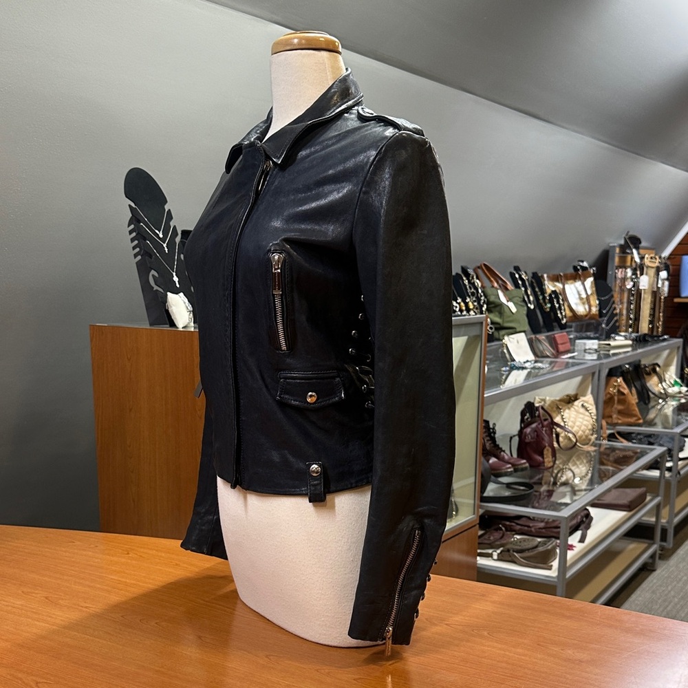Barbara Bui Dark Blue Lamb Leather Moto Jacket - Picture 3 of 7